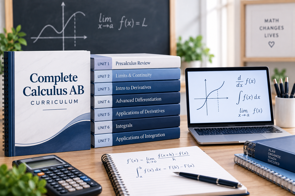 Complete Calculus AB curriculum featuring seven units, including precalculus review, limits, derivatives, and integrals, with a laptop and study materials.
