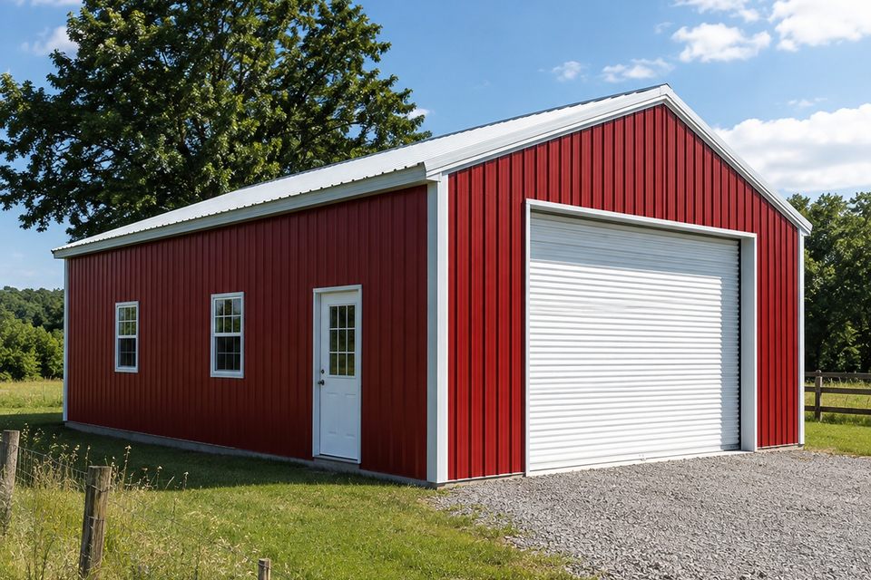 Red metal garage with white roll up door and gable roof on an East Tennessee farm