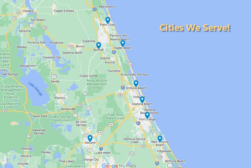 Map showing service areas for Town and Country Luxury Restrooms including Ormond Beach, Daytona, DeLand, Port Orange, New Smyrna, Palm Coast, Flagler Beach, and Bunnell.