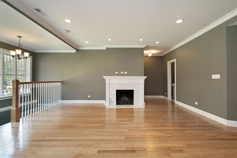 Living room in luxury condo with white railing