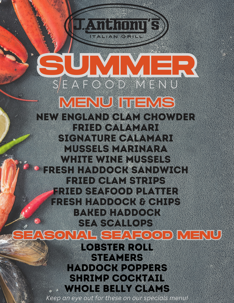Summer seafood menu 