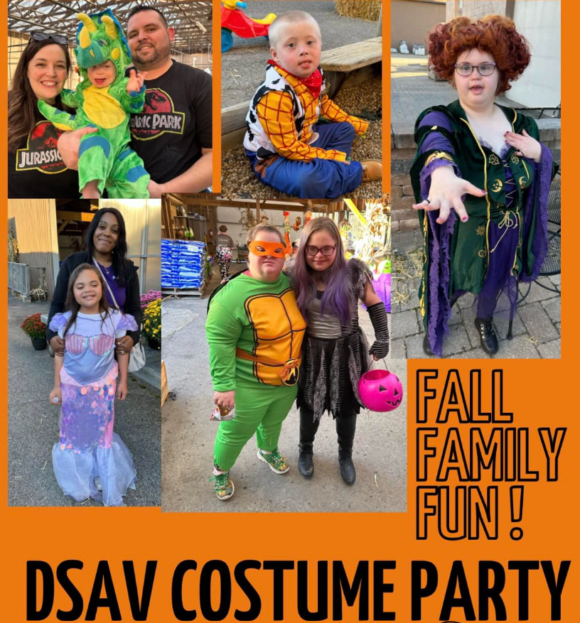 Collage of participants and families wearing costumes at a Down Syndrome Association of the Valley Costume Party.