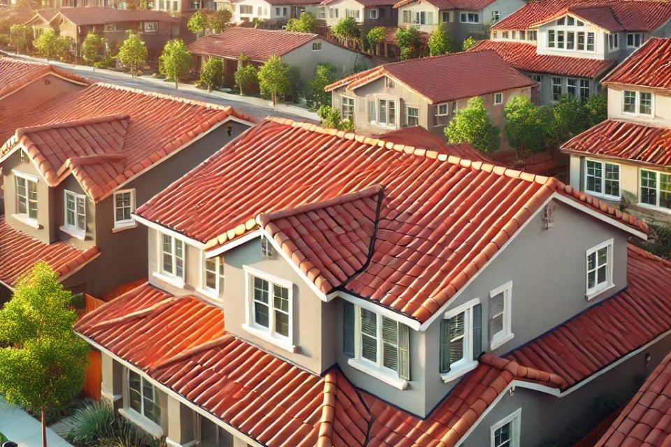 Dall·e 2024 09 07 21.15.31   a california style suburban home with a clean  red tile roof. the roof is neatly installed  featuring traditional terracotta tiles typical of californ
