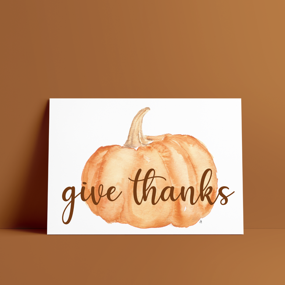 Watercolor Give Thanks Fall Pumpkin 