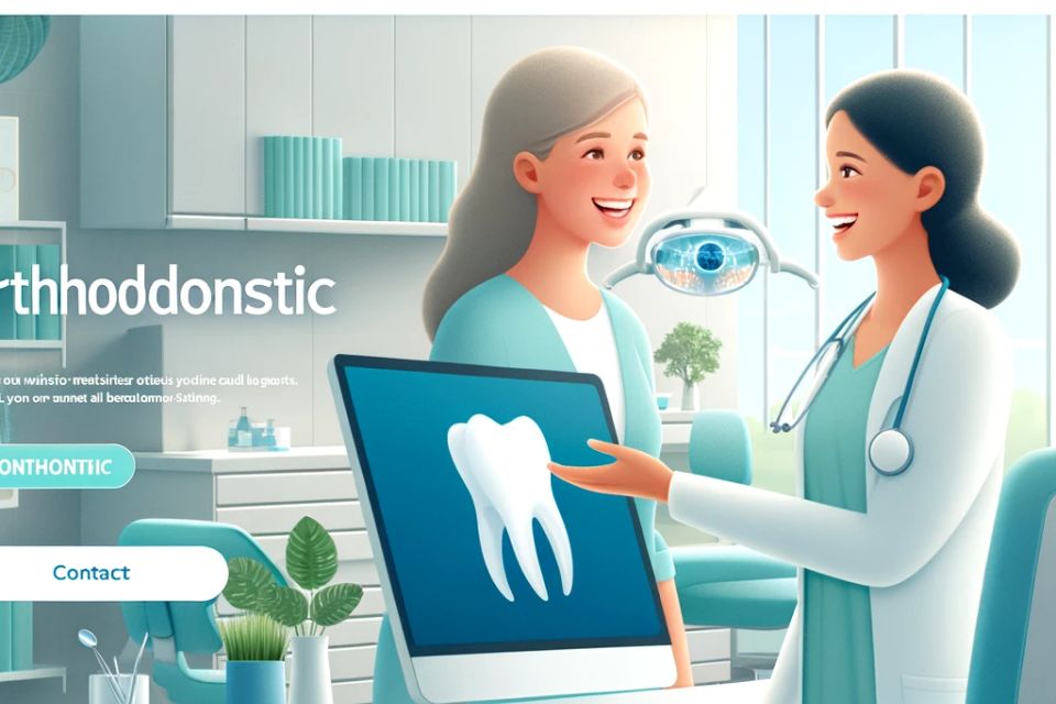 Dall·e 2024 04 24 17.36.22   a professional and welcoming homepage for an orthodontic website  featuring a clean design with soft blue and green color tones  a navigation menu  an