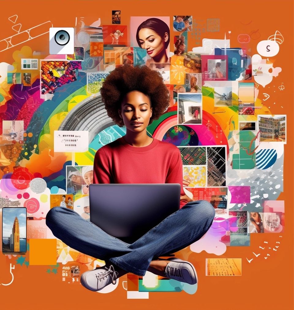 Colorful collage of different trendy images with a woman sitting in the middle, using a laptop. Concept of social media marketing.