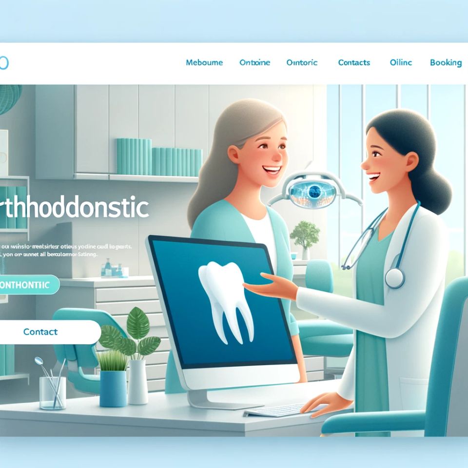 Dall·e 2024 04 24 17.36.22   a professional and welcoming homepage for an orthodontic website  featuring a clean design with soft blue and green color tones  a navigation menu  an