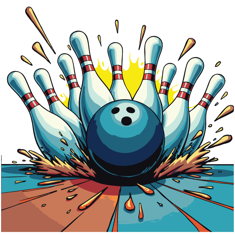 Bowling   pins and blue ball eleven