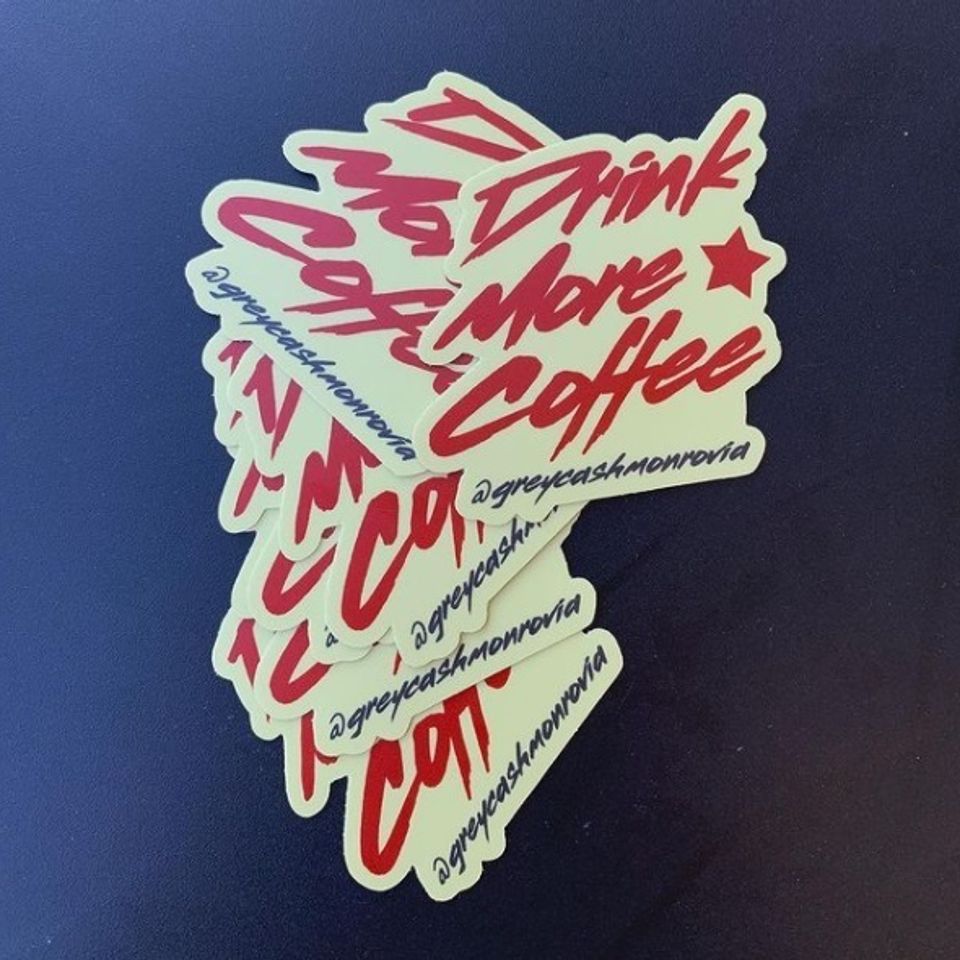 Drink more coffee sticker at grey and cash