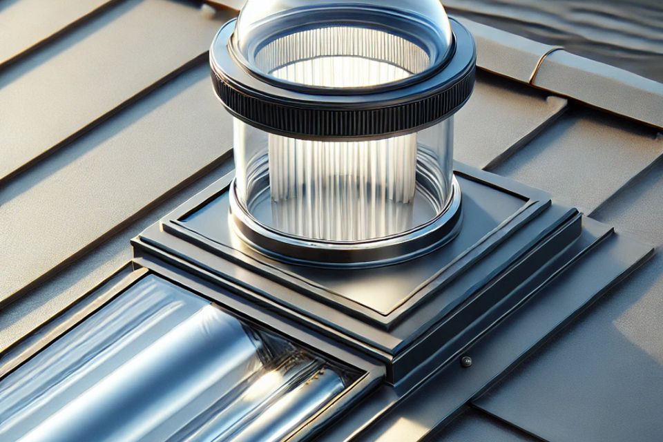 Dall·e 2024 09 07 21.26.06   a detailed view of a roof with a small tubular solar skylight installed. the skylight is compact  with a clear dome on the roof capturing sunlight  an