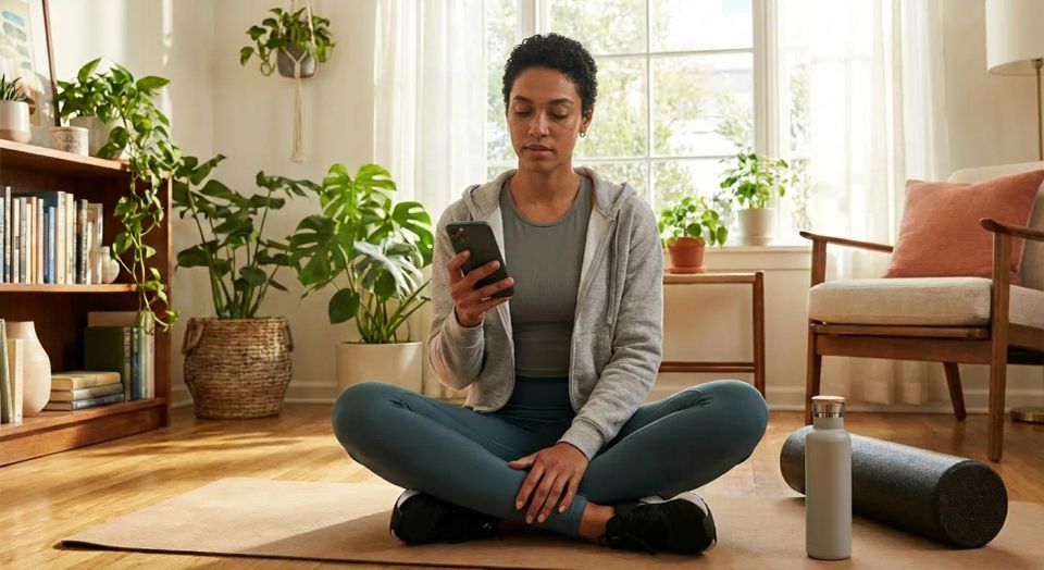 Woman in yoga attire checking her online wellness schedule and health tips on a mobile phone after a home workout.