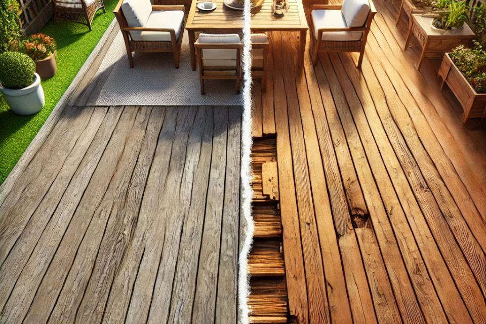 Dall·e 2024 09 12 22.01.54   a split image of a wooden deck showing two sides  one side with a repaired  well maintained deck with fresh wood planks and clean outdoor furniture  a