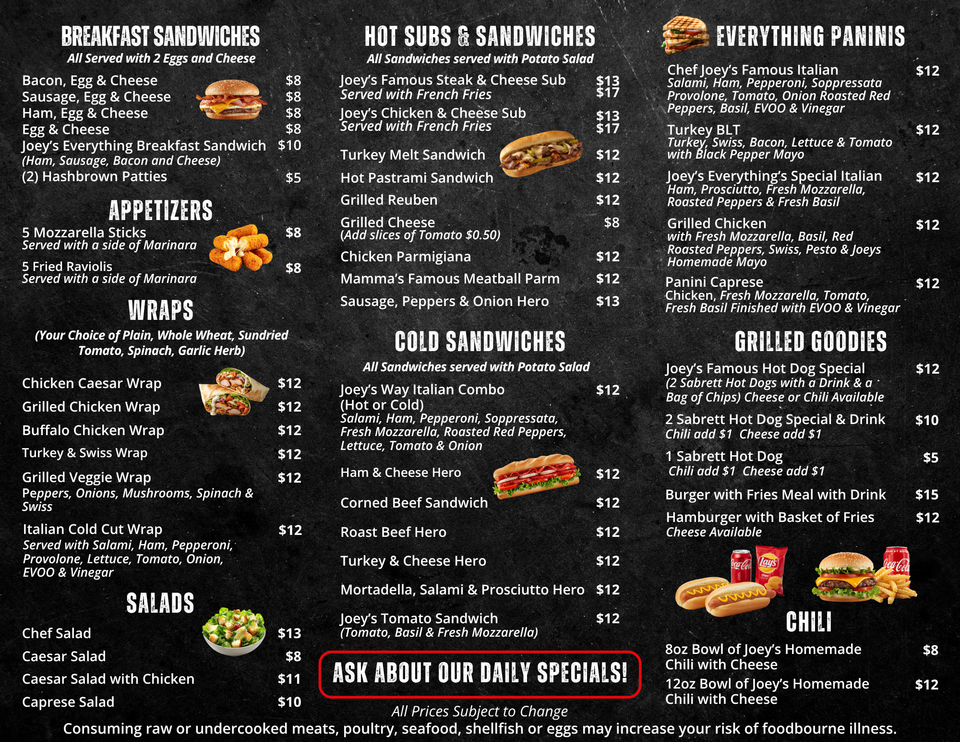 Joey's menu back