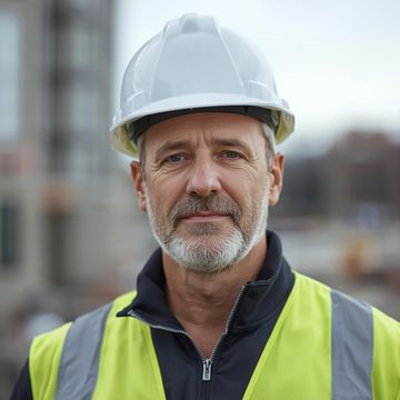 Head and shoulders portrait of a white middle aged male construction worker