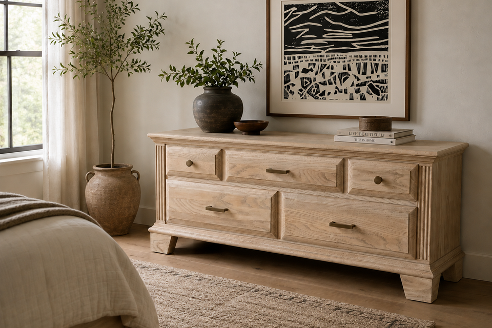 Bedroom w restored stand and handprinted art
