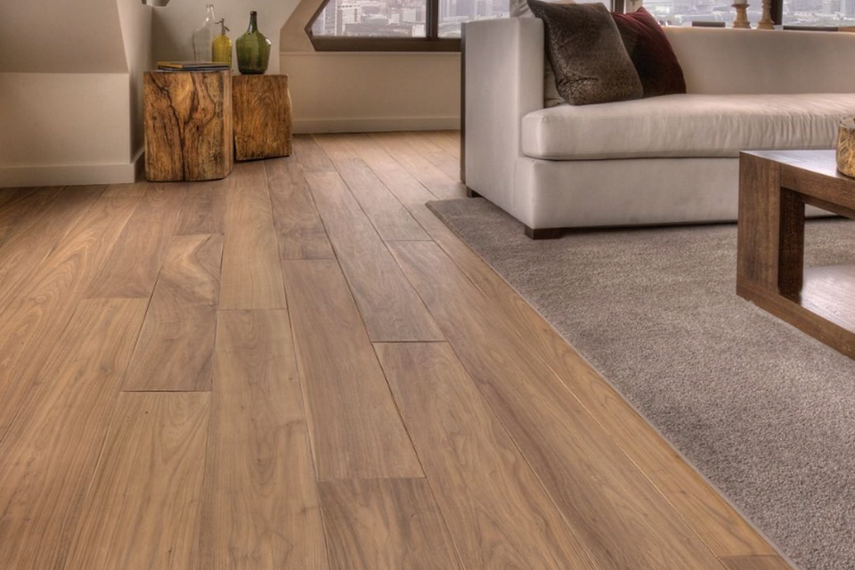 Wide plank hardwood floor living room