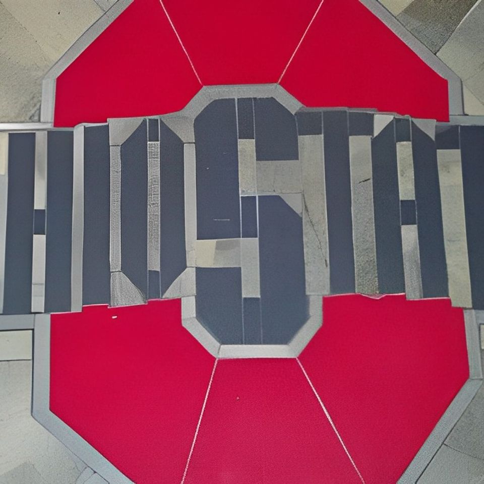 Custom flooring featuring an Ohio State red and gray geometric design.