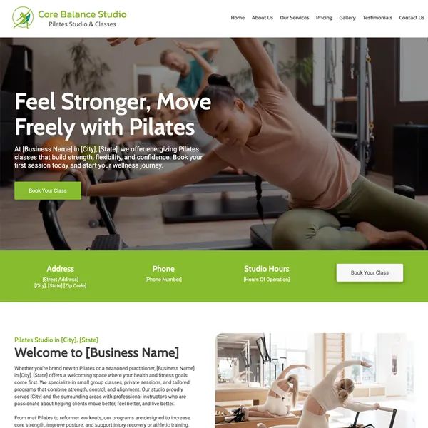 Pilates and wellness studio website example featuring class booking sections, fitness branding, and a clean health-focused website layout.
