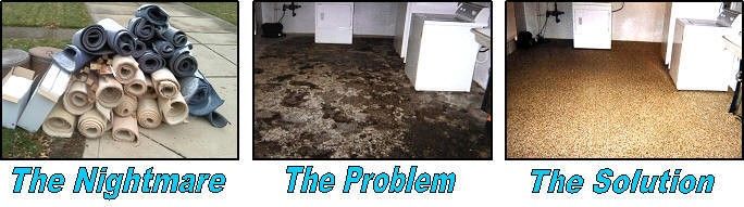 Before-and-after comparison showing a damaged basement floor transformed with an EverStone decorative stone flooring system.