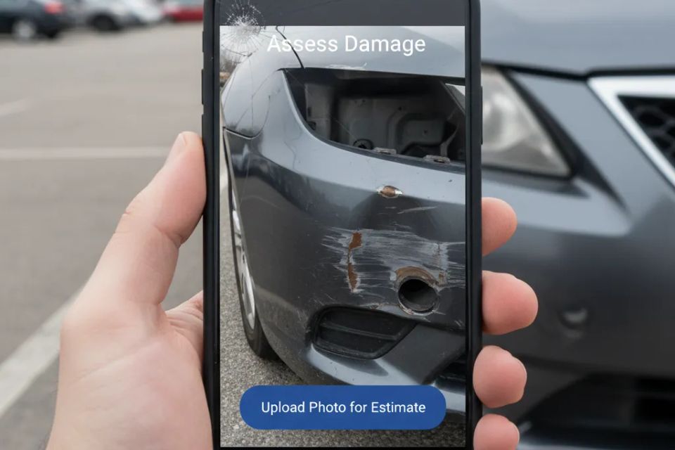 Hand holding smartphone displaying a mobile-friendly auto body website feature allowing users to upload crash photos for a quick estimate