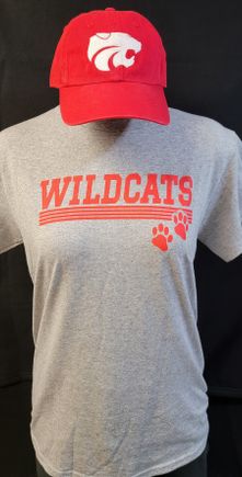 Example of Direct to Film (DTF) transfer - Wildcats logo on a gray t-shirt, embroidered & logo cap 