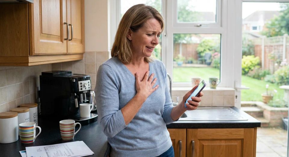 Worried daughter searching for emergency home care services on smartphone in Northeastern Pennsylvania.