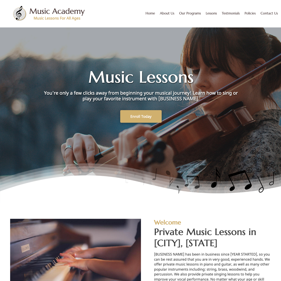 Music instructor website design theme