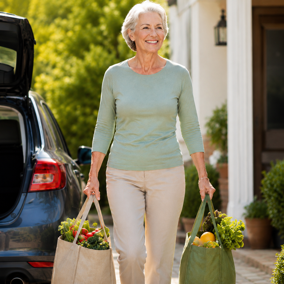 Senior woman carrying groceries