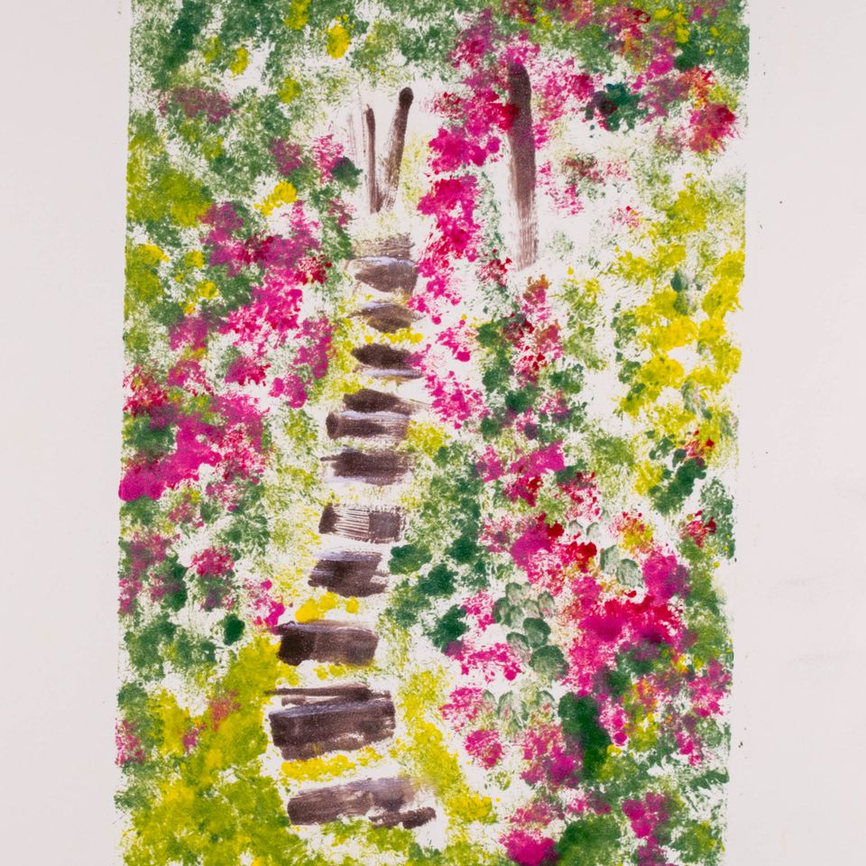 watercolor painting with shades of green and pink