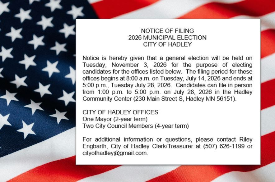 City of hadley election filing notice 2026