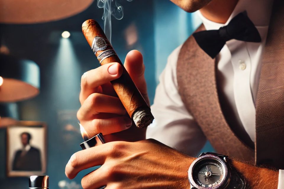 Dall·e 2025 04 04 17.23.06   a close up  playful yet sophisticated image of a person properly lighting or cutting a premium cigar. the scene is set in a classy cigar lounge with s