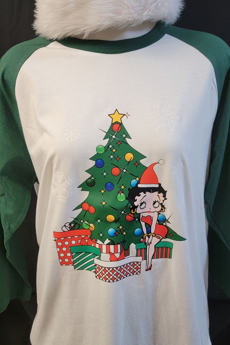 Example of a Betty Boop Christmas t-shirt using direct-to-film transfer (DTF) from SaRi's Creations.