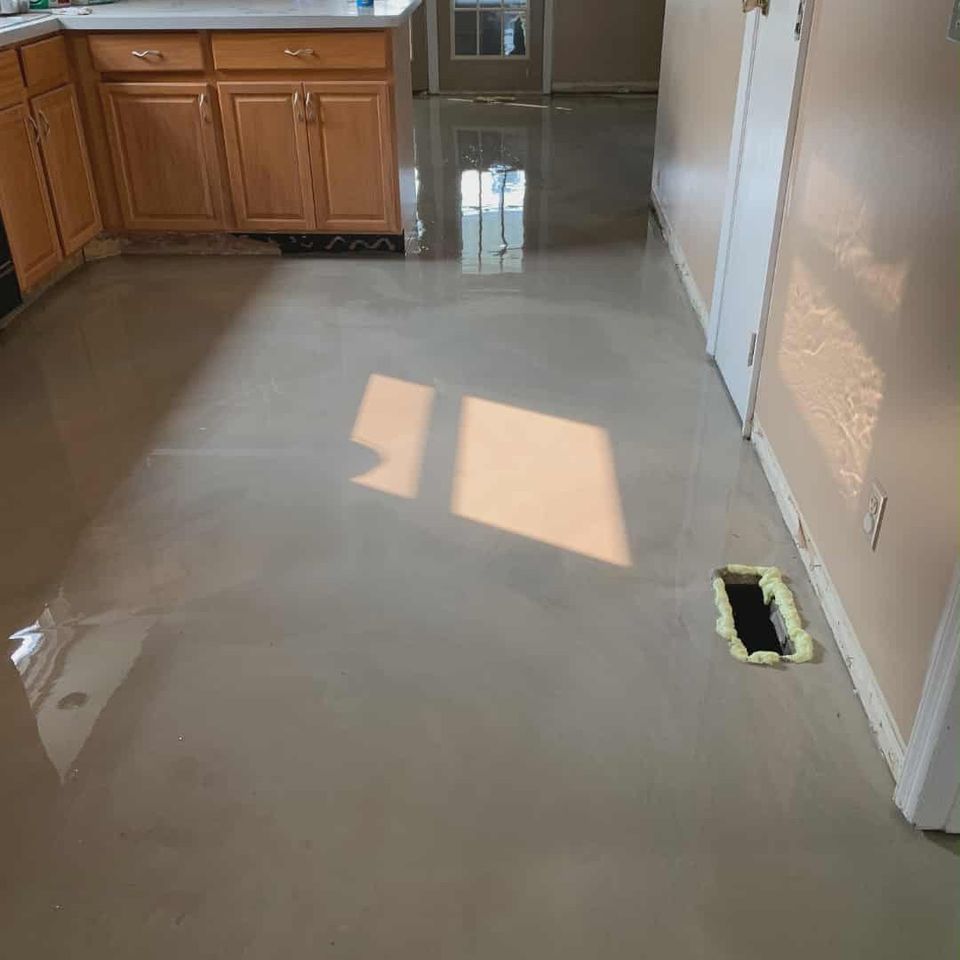 Polished gray concrete floor extending through a kitchen and adjoining room.