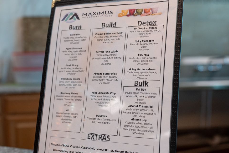 The smoothie menu at Maximus Gym in Riverhead