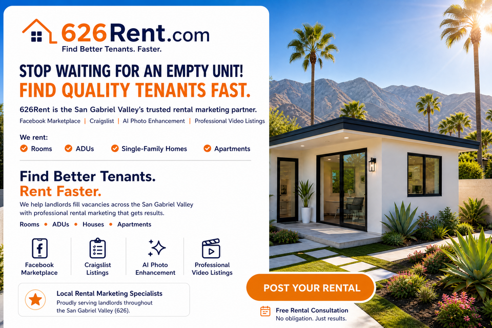 626Rent.com homepage banner showing rental marketing services for landlords in the San Gabriel Valley, including rooms, ADUs, apartments, and homes with Facebook Marketplace, Craigslist, AI photo enhancement, and professional video listings.