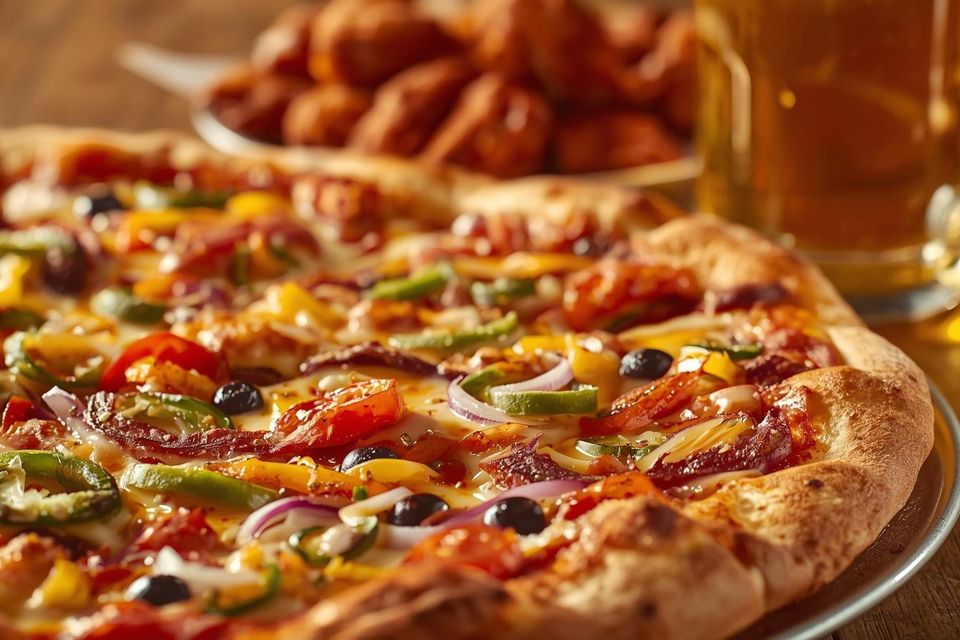 Large vegetable   cheese pizza   wings with pitcher of beer