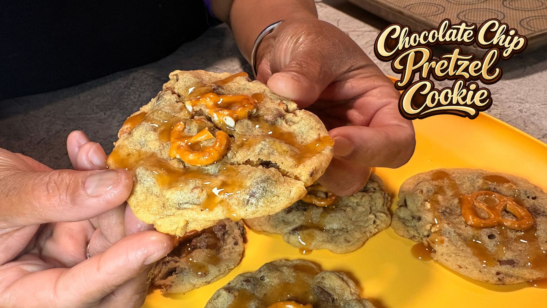 Bakery-style chocolate chip pretzel cookies with caramel drizzle
