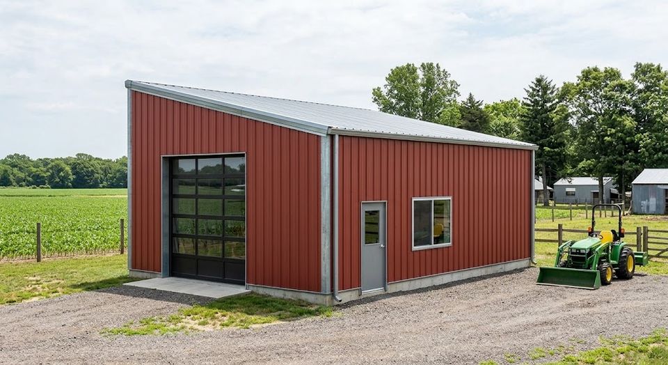 Red single slope steel building with glass garage door on a Knoxville TN farm property