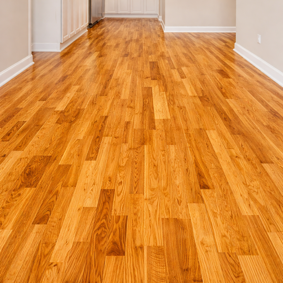 Spacious interior with honey toned flooring