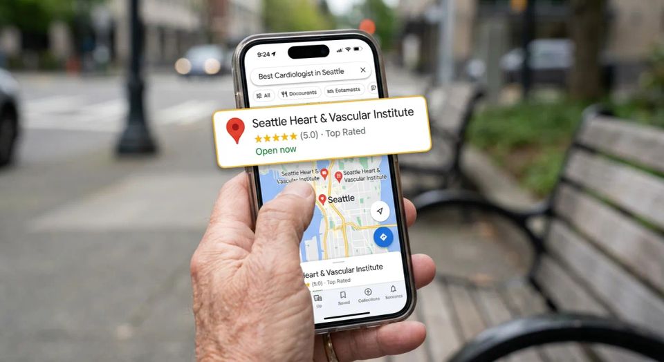 Hand holding a smartphone displaying a top-rated local business listing on Google Maps search results.