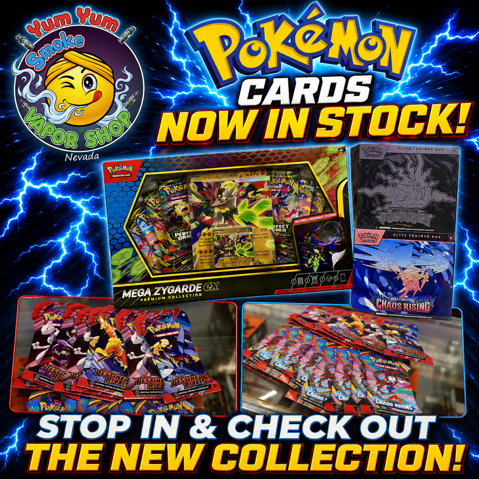 Pokémon trading cards, booster packs and mega zygarde ex collection now in stock at yum yum vapor shop in nevada.