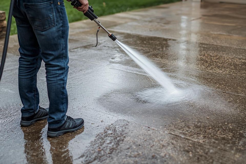 Power washing a concrete patio.  35mm  4 k image quality  realistic photo of a man from behind  power washing a concrete patio. only show the individual's legs and the power washer nozzle spraying and cleaning.
