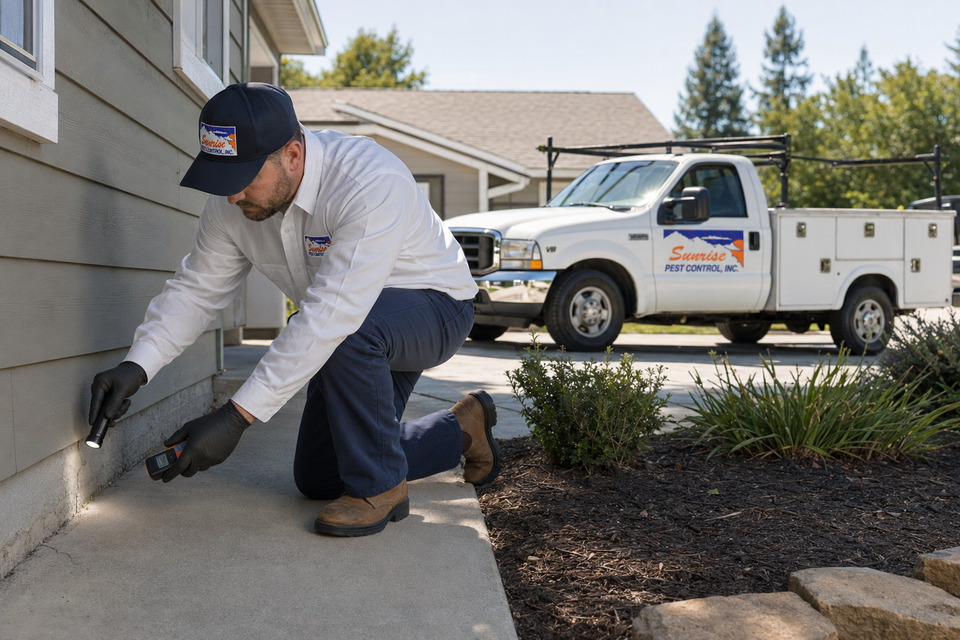 Sunrise Pest Control technician performing a concrete slab pest inspection in Roseville, CA