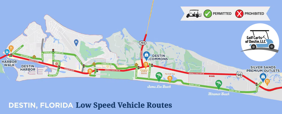 Destin Florida low speed vehicle route map showing permitted and prohibited golf cart roads