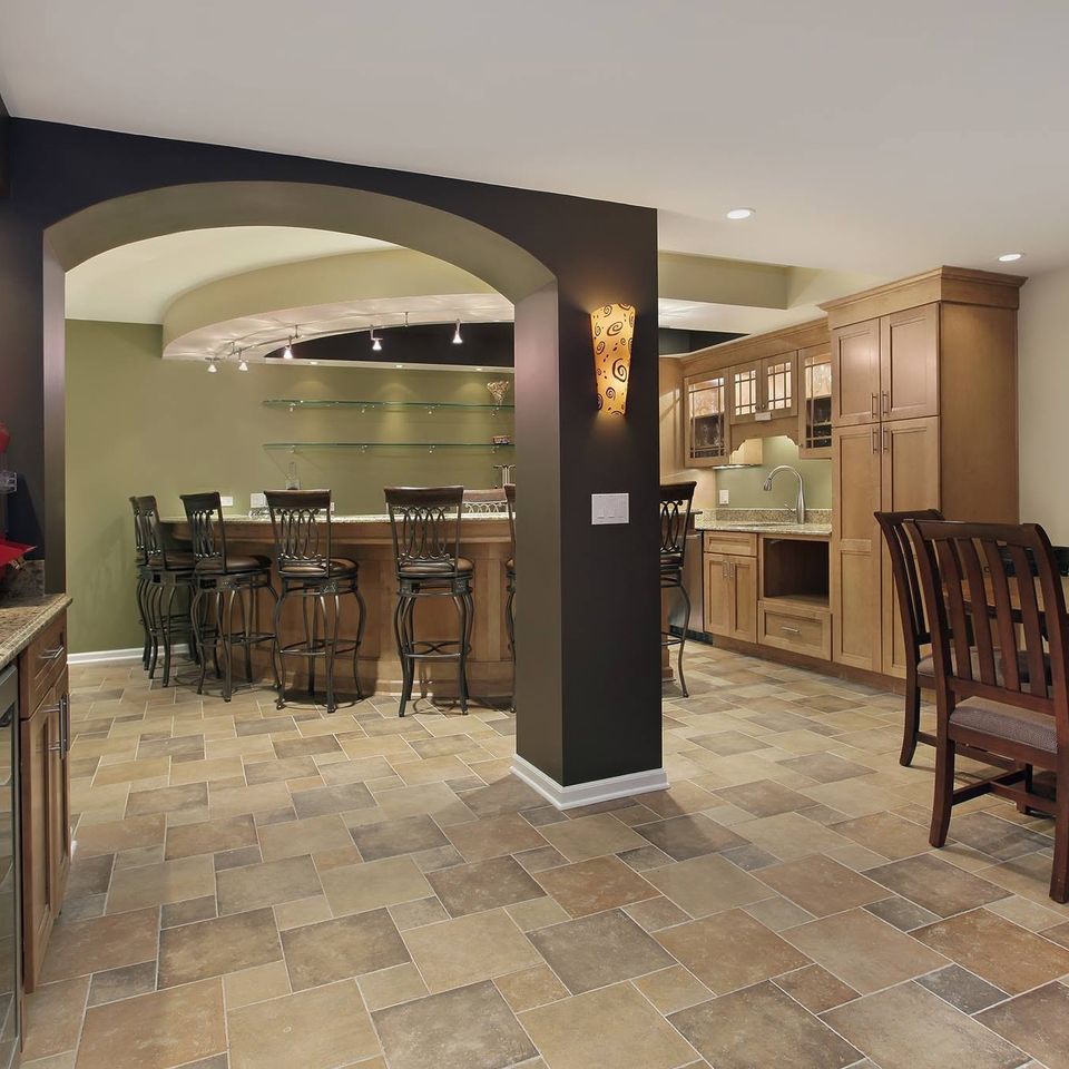 Basement bar and tile floor