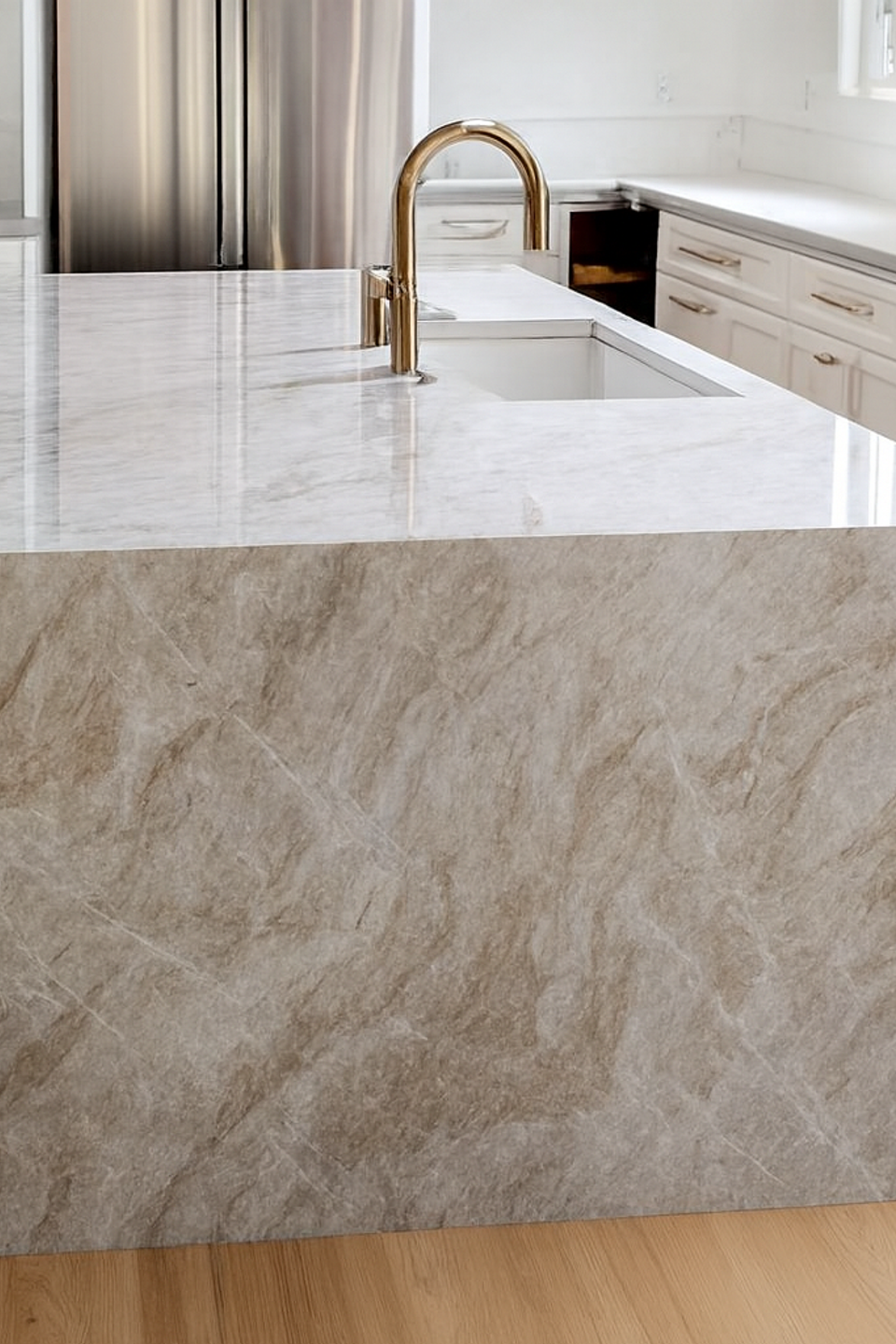 Polished marble countertop with undermount sink and high-arc faucet