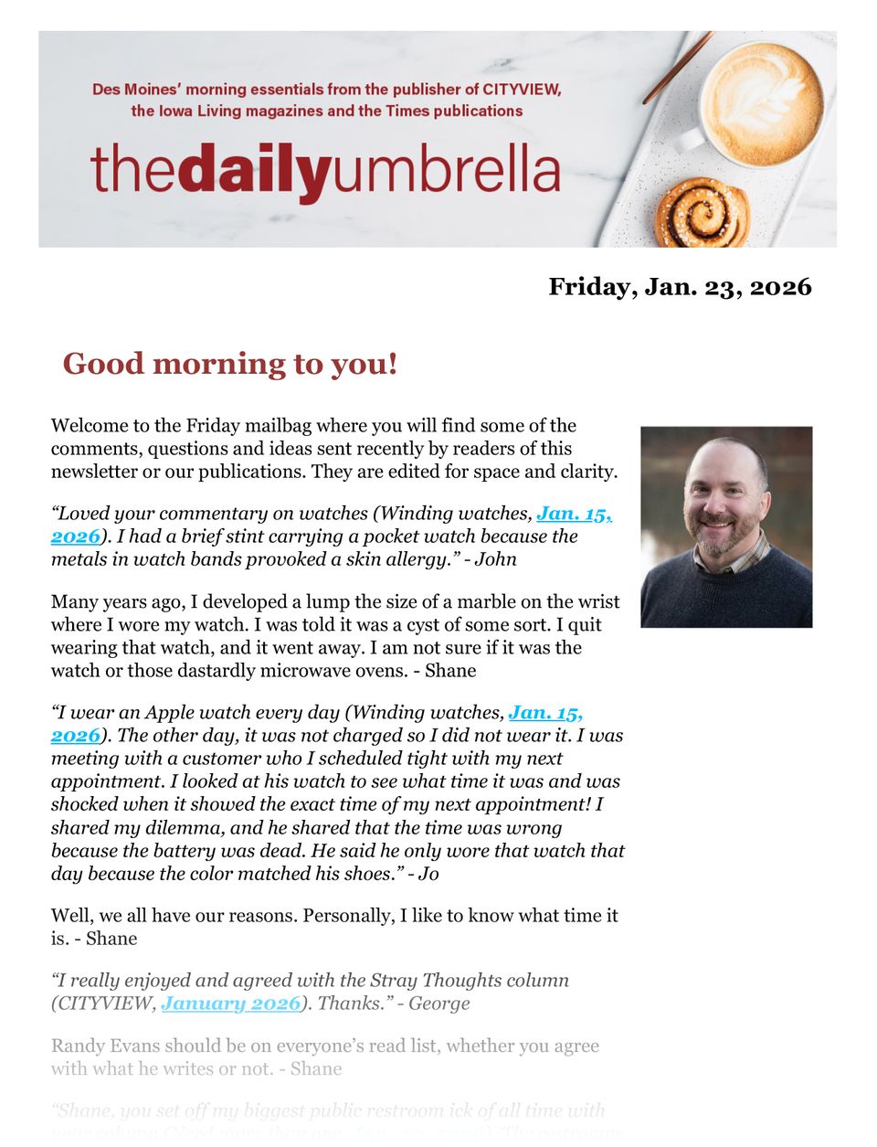 Daily umbrella jan. 23  dmps cancel classes friday   2.17 gas  how does moses make tea  1