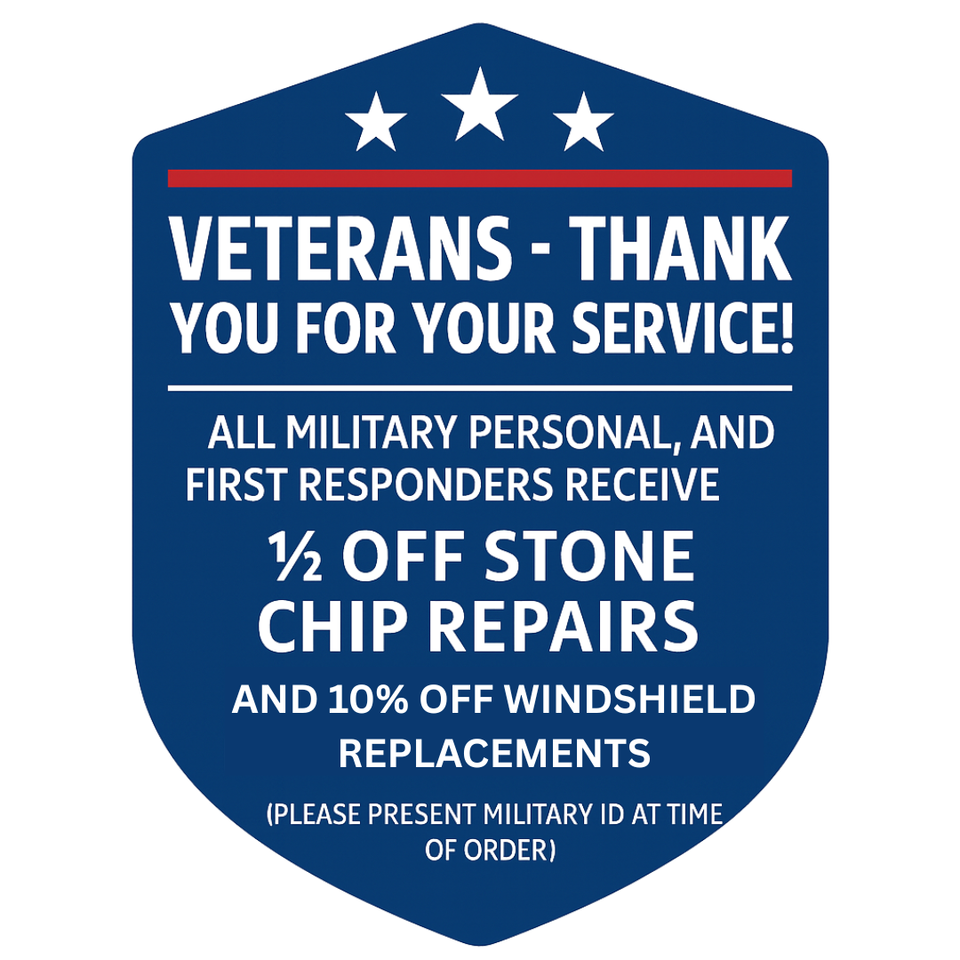 Repair That Glass promotional graphic offering discounts on stone chip repairs and windshield replacements for veterans, military personnel, and first responders.