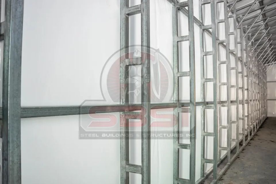 Close up of steel building, with SBSI watermark representing steel building interiors in Alabama