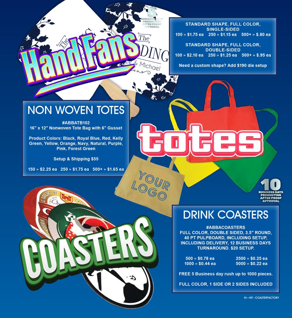 Handfans totes   coasters